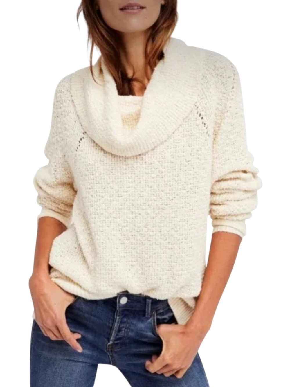 Free People By Your Side Sweater Cream Cowl Neck Size S Lightweight & Textured